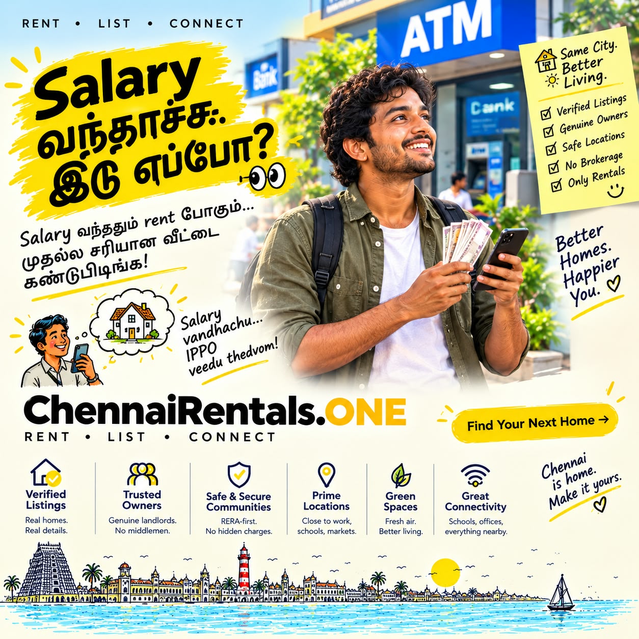 Campaign poster: Salary வந்ததாச்சே? இடு எப்போ? Find your next rental home