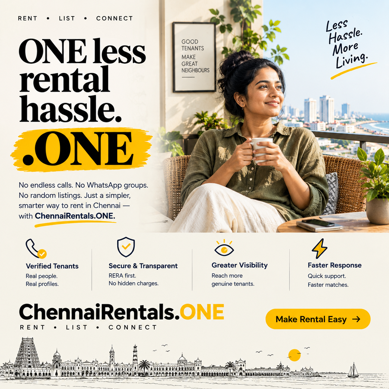 Campaign poster: ONE less rental hassle: find Chennai rentals