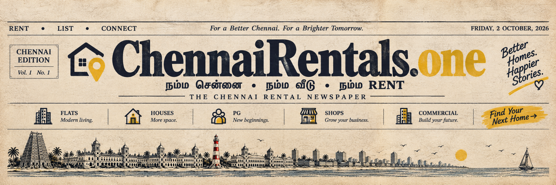 ChennaiRentals.one traditional Chennai rental newspaper masthead