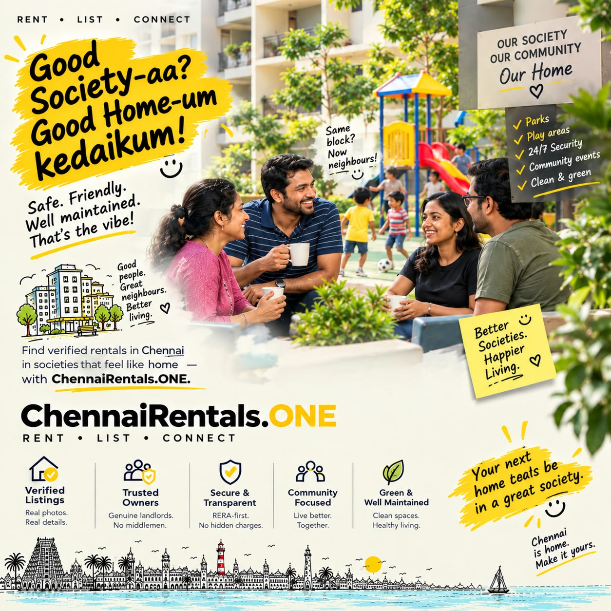 Campaign poster: Good Society-aa? Good Home-um kedaikum! Find rentals in Chennai